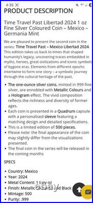 1 Oz. 999 Silver Mexican Libertad Colorized Coin Time Travel Past Germania Mint