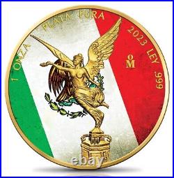 1 oz 999 Silver Mexican Libertad Mexico Flag Colorized & 24K Gold Gilded