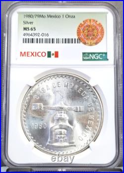 1980/79 Mexico Silver 1 Onza Mint Press Ngc Ms 65 Rare Gem Bu Overdate 1 Oz