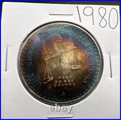 1980 Mexico Onza 1 Oz Silver Coin Monster Toning Toner PQ Blue Gem BU