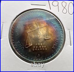1980 Mexico Onza 1 Oz Silver Coin Monster Toning Toner PQ Blue Gem BU