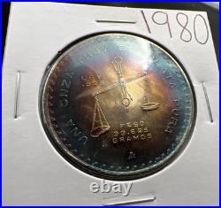 1980 Mexico Onza 1 Oz Silver Coin Monster Toning Toner PQ Blue Gem BU