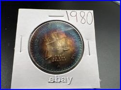 1980 Mexico Onza 1 Oz Silver Coin Monster Toning Toner PQ Blue Gem BU