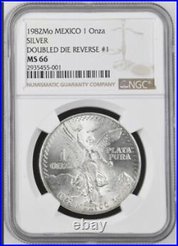 1982 Libertad DDR #1 MS66 NGC 1onza Double Die Reverse Silver Coin