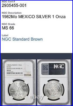 1982 Libertad DDR #1 MS66 NGC 1onza Double Die Reverse Silver Coin