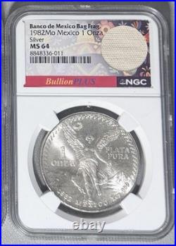 1982Mo Mexico 1 Onza Silver Libertad NGC MS64 Banco De Mexico Bag Frag