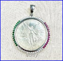 1983 Mexico Libertad 1 oz 999 Silver Coin Plata Pura and Bezel With Flag Colors