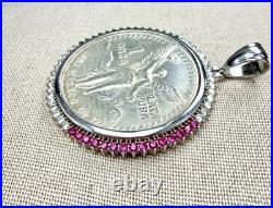 1983 Mexico Libertad 1 oz 999 Silver Coin Plata Pura and Bezel With Flag Colors