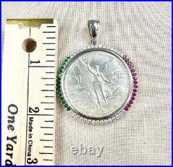 1983 Mexico Libertad 1 oz 999 Silver Coin Plata Pura and Bezel With Flag Colors