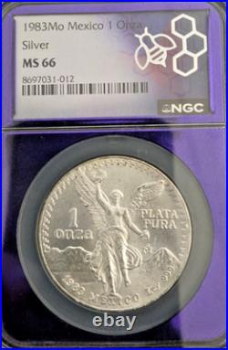 1983 Mo Mexico 1 Silver Libertad. NGC Graded MS 66. PURPLE CORE! #304