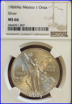 1984 MO Mexico 1 Onza Libertad One Ounce. 999 Pure Silver Graded by NGC MS 66