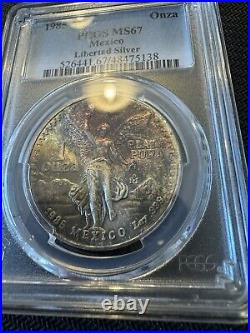 1985-MO Mexico Libertad 1 Onza Silver Coin, Monster End Roll Toner PCGS MS-67