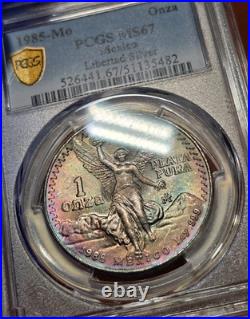 1985 Mexico Onza Libertad Silver 1oz. 999 PCGS MS67 Rainbow Toned Plata Pura GEM