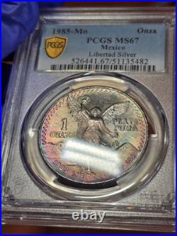 1985 Mexico Onza Libertad Silver 1oz. 999 PCGS MS67 Rainbow Toned Plata Pura GEM