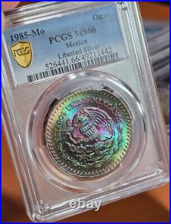 1985 Mexico Silver Libertad Onza PCGS MS66 Neon Rainbow Toned Insane Toning