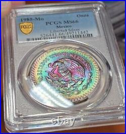 1985 Mexico Silver Libertad Onza PCGS MS66 Neon Rainbow Toned Insane Toning