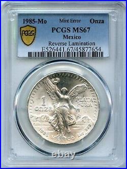 1985-Mo Mexico Libertad 1 Oz Silver PCGS MS 67 Lamination Mint Error Onza DM175