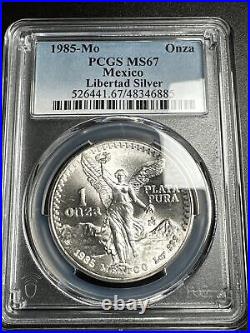 1985-Mo Onza Libertad 1 Oz Silver Mexico PCGS MS67 Graded Bright Coin. 999