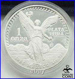 1986 Mexican Libertad 1oz Silver. 999 Proof Coin with COA & Display Box