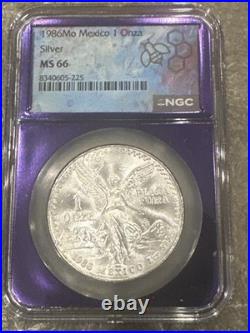 1986 Mo Mexico 1 Onza Silver Libertad NGC MS66 Purple Core