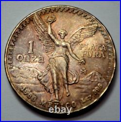 1986 UNC 1 Oz 999 SILVER MEXICO Libertad Pura Plata UNC Nat. Toning Coin Round