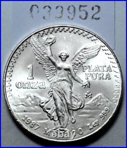 1987 UNC 1 Oz 999 Fine SILVER MEXICO Libertad Pura Plata UNC Coin Round
