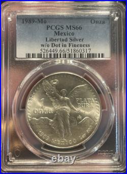 1989-MO PCGS MS66 1 Oz. 999 SILVER LIBERTAD Without Dot in Fineness Rare Free SH 1989-MO PCGS MS66 1 Oz. 999 SILVER LIBERTAD Without Dot in Fineness Rare Free SH