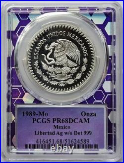 1989-Mo Proof Mexico Libertad Onza witho Dot PCGS PR68DCAM Trader Bea Purple Bert