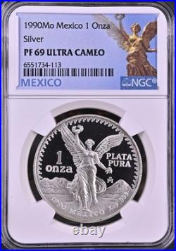 1990-Mexico-Proof Silver Libertad 1oz Silver Coin-NGC PF 69 Ultra Cameo