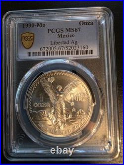 1990 Mo Mexico Libertad Onza 1 oz. 999 Silver Coin PCGS MS67 Gold Shield