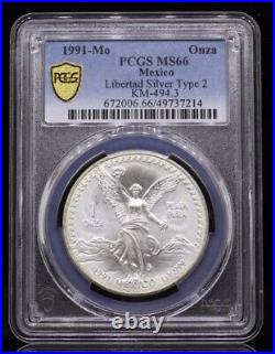 1991-MO 1oz Mexico Type 2 Silver Libertad KM-494.3 PCGS MS66