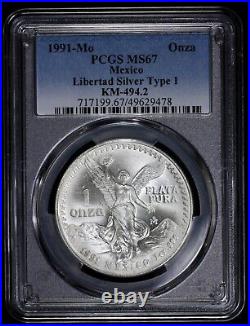 1991- MO Mexico 1oz Silver Libertad Onza PCGS MS 67 Type 1