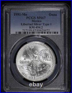 1991- MO Mexico 1oz Silver Libertad Onza PCGS MS 67 Type 1