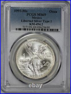 1991- MO Mexico 1oz Silver Libertad Onza PCGS MS 69 Type 1