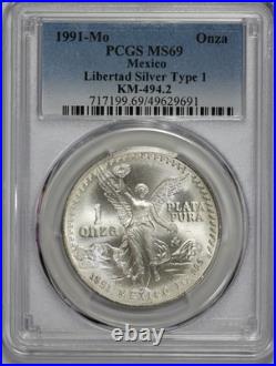 1991- MO Mexico 1oz Silver Libertad Onza PCGS MS 69 Type 1 1991- MO Mexico 1oz Silver Libertad Onza PCGS MS 69 Type 1