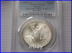 1991-MO PCGS MS68 MEXICO SILVER LIBERTAD TYPE 1 Light Toning On Edges