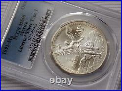 1991-MO PCGS MS68 MEXICO SILVER LIBERTAD TYPE 1 Light Toning On Edges