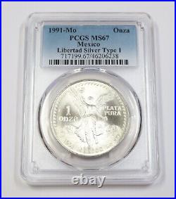 1991 Mo PCGS MS67 TYPE 1 MEXICO 1 oz Silver Libertad Un Onza Coin #39566A