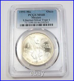 1991 Mo PCGS MS68 TYPE 1 MEXICO 1 oz Silver Libertad Un Onza Coin #39577A