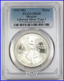 1991 Mo PCGS MS68 TYPE 1 MEXICO 1 oz Silver Libertad Un Onza Coin #39581A