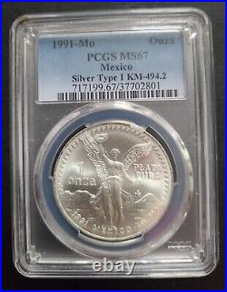 1991 T1 PCGS MS67 Mexico Libertad Large Onza 7 Dots 1 Oz Silver Mexican Type 1