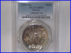 1992-MO PCGS MS67 1 ONZA MEXICO SILVER LIBERTAD Unique Color Toning