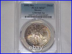 1992-MO PCGS MS67 1 ONZA MEXICO SILVER LIBERTAD Unique Color Toning