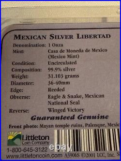 1994 MEXICAN ONZA LIBERTAD 1 Oz. 999 FINE SILVER Coin IN LITTLETON SHOWPAK