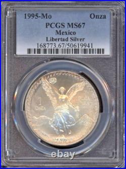 1995-Mo MEXICO SILVER 1 ONZA LIBERTAD PCGS MS67 BU DETAILED LIGHTLY TONED COIN