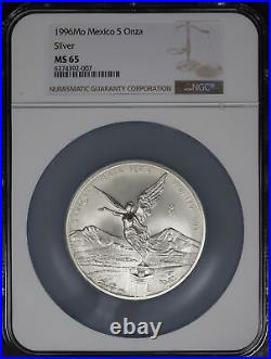 1996-Mo Mexico Silver Libertad 5 Onza NGC MS-65 Only 12 Graded Higher