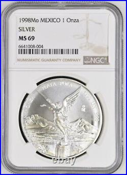 1998 KEY Mo Mexico Silver Libertad 1 Onza NGC MS69 NEW Die Chip Variety! RRR