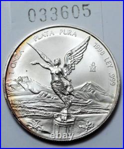 1998 MS UNC 1 Oz 999SILVER MEXICO Libertad Pura Plata Rare Coin Nat. Toning Round