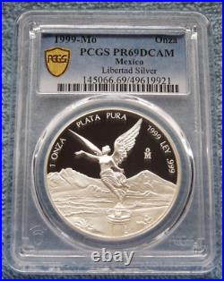 1999 1 oz onza PROOF. 999 silver (PLATA PURA) Mexican Libertad PCGS PR69 / PF69