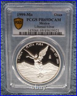 1999 1 oz onza PROOF. 999 silver (PLATA PURA) Mexican Libertad PCGS PR69 / PF69